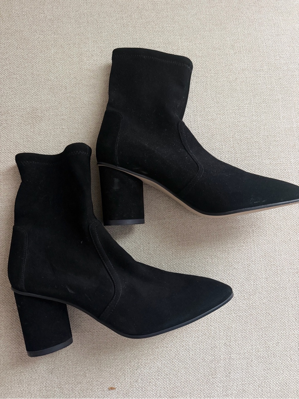 Stuart Weitzman Black Suede Pointed Toe Block Heel Ankle Boots